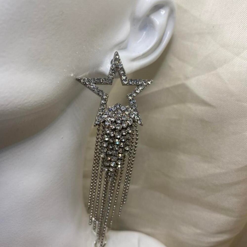 Vintage 90s Rhinestone Star Dangle Earrings Silver Tone Long Chain Fringe Glam